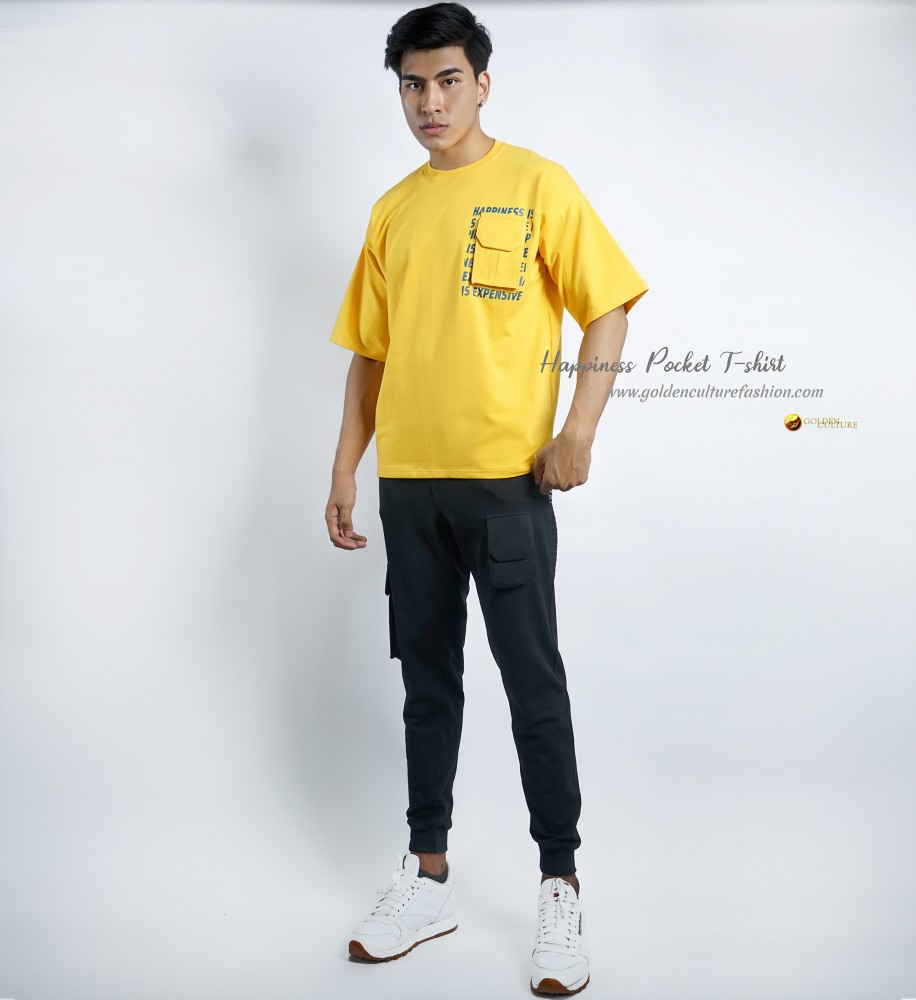 HAPPINESS IS EXPENSIVE Pockets Oversized T-Shirt (Yellow)